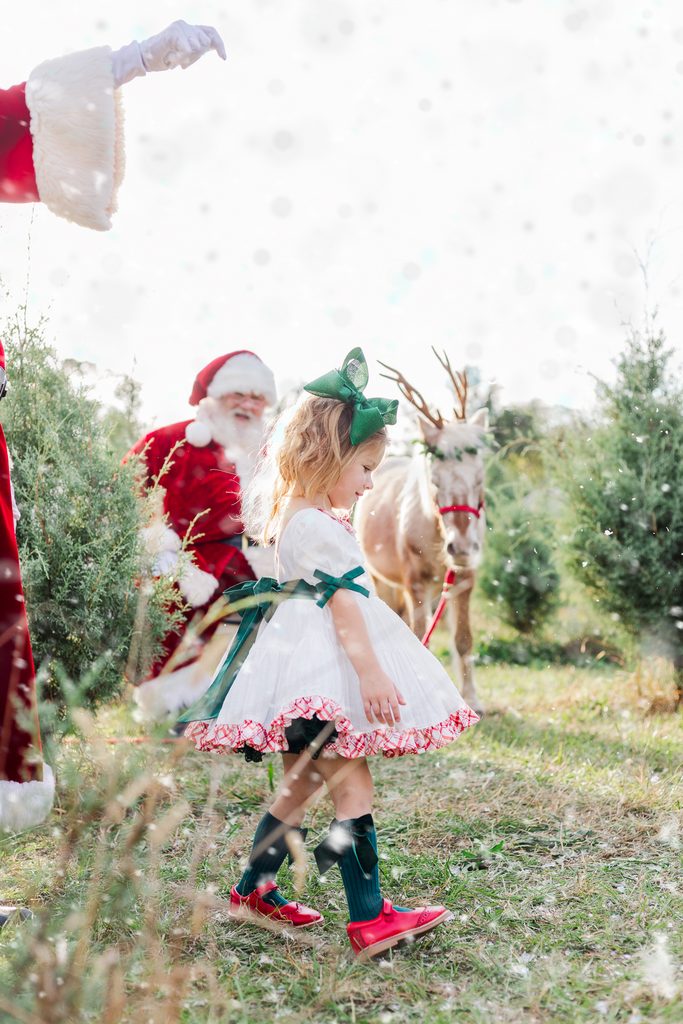 A little girl in a festive Christmas dress walking through evergreen trees with Santa Claus and Burt the Reindeer during a Birmingham, Alabama Christmas mini session.