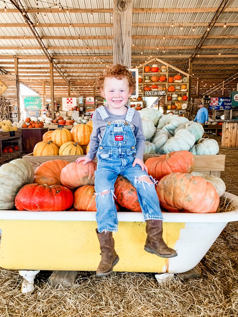 Child sitting among pumpkins during a family visit to Penton Farms in Verbena, Alabama