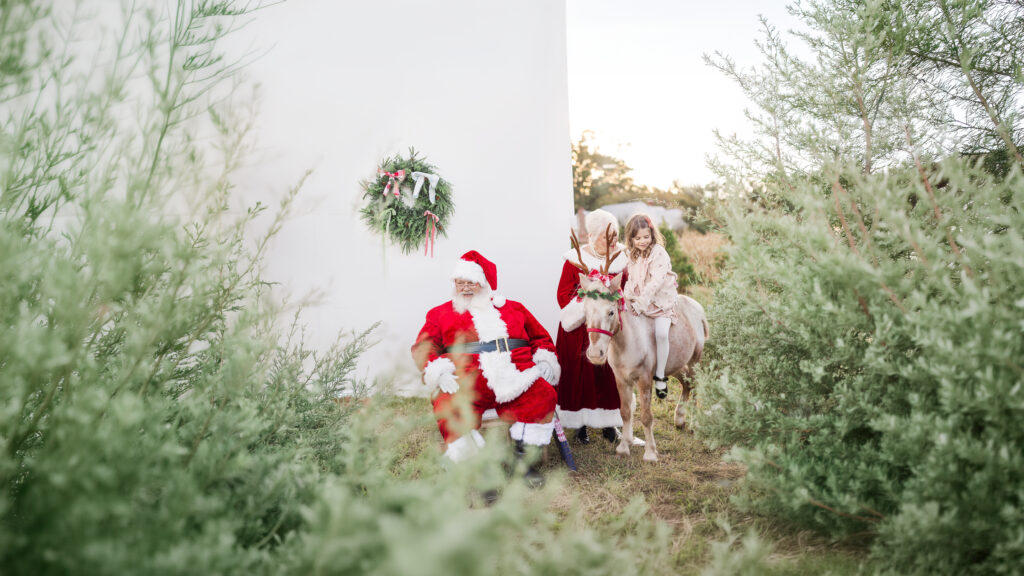 Santa Claus and Mrs. Claus with a young girl riding Burt the Reindeer among Christmas trees during a Birmingham, Alabama Christmas mini session with 5U Photography.
