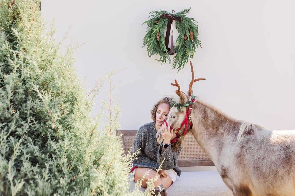 A woman cuddling Burt the Reindeer beside a wooden bench under a Christmas wreath, surrounded by evergreen trees during a 5U Photography Christmas session.