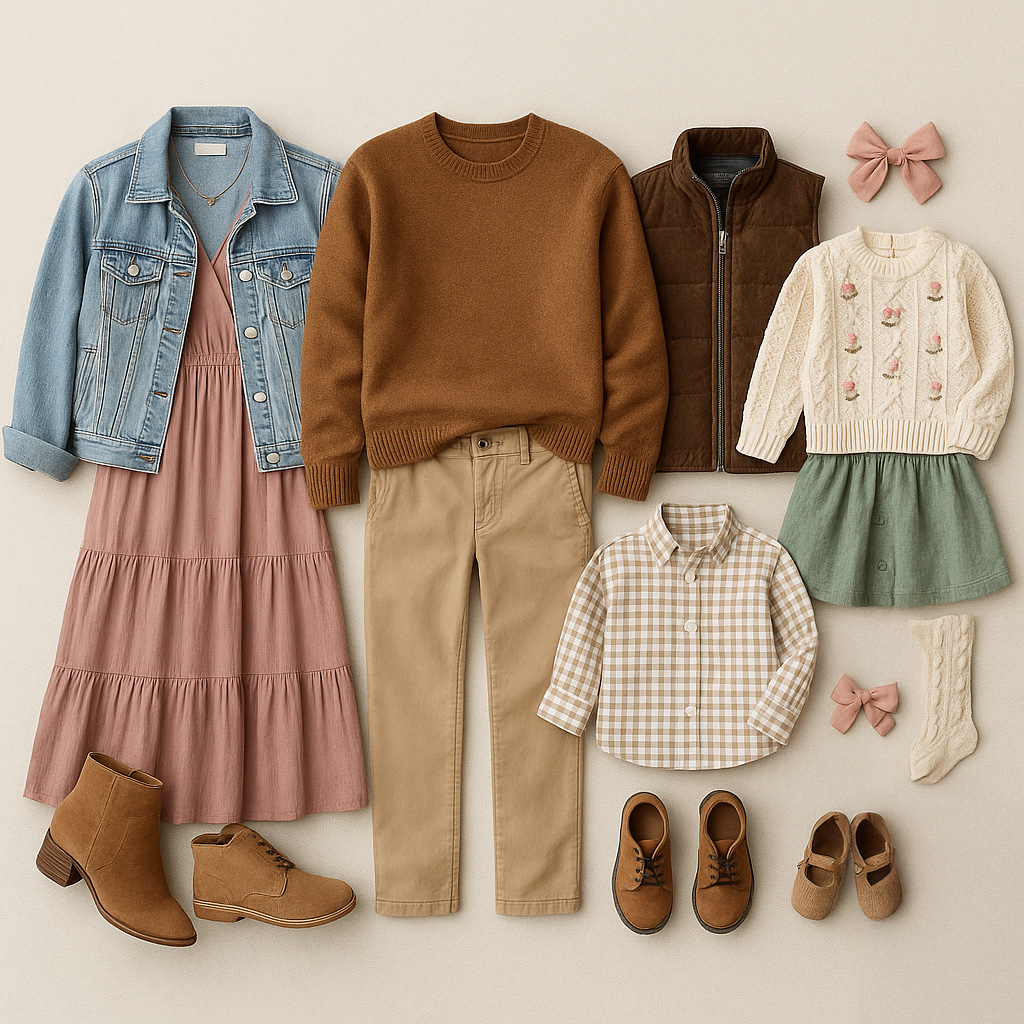 Flat lay of coordinated fall outfits in sage green, camel, and dusty pink with cozy sweaters and boots for timeless autumn family portraits Styling Tips for Fall Family Photos