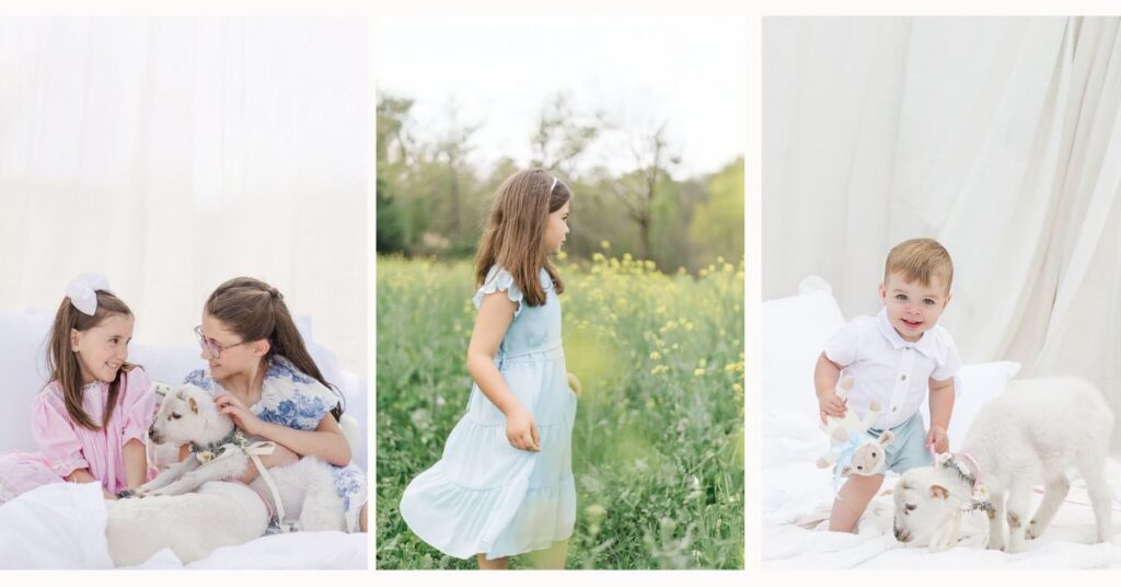 Heirloom-style Easter mini collage featuring young children in soft spring outfits interacting with lambs outdoors, including siblings snuggling a lamb, a little girl twirling in a wildflower field, and a baby sitting on white linens during a spring photo session in Alabama.