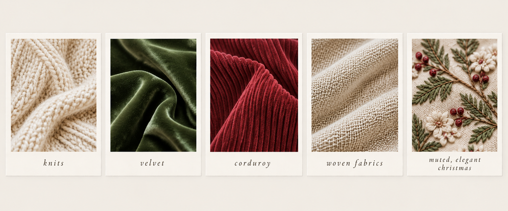 Christmas photo outfit styling texture guide featuring cream chunky knits, forest green velvet, burgundy corduroy, neutral woven fabric, and delicate floral embroidery for coordinated family Christmas photos.