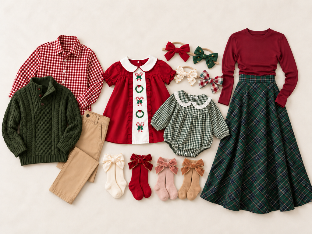 Classic Christmas family outfit flat lay with burgundy, red, evergreen and tartan—click to shop the coordinated look on Amazon