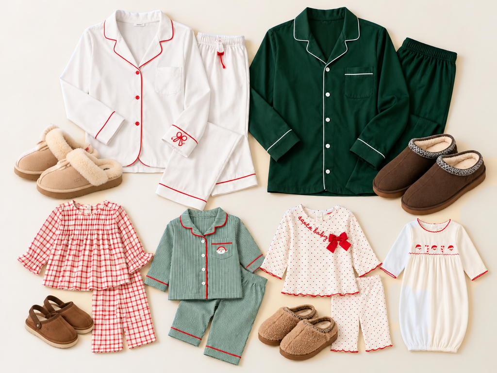 Christmas pajama outfit flat lay featuring white pajamas with red piping, forest green pajamas, red gingham and sage green children's pajama sets, a cream baby gown, and cozy slippers for coordinated family Christmas photos.