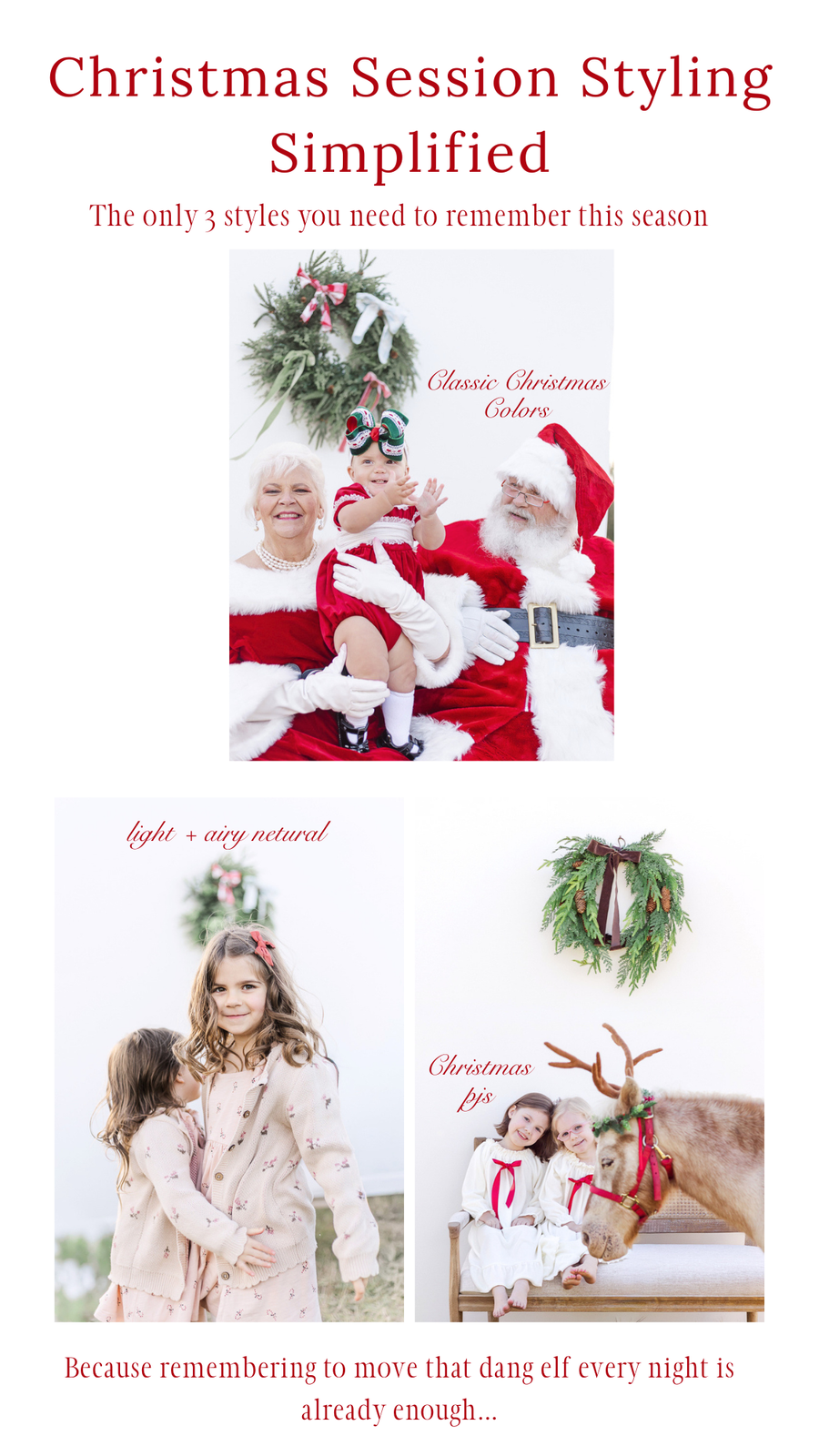 Christmas Session Styling Simplified guide featuring classic reds, light neutrals, and Christmas pajamas photographed by 5U Photography.