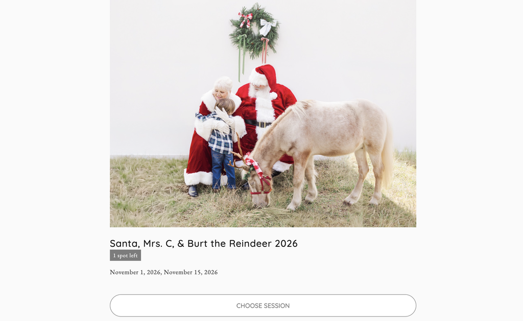 2026 Santa, Mrs. Claus, and Burt the Reindeer Christmas mini session booking preview featuring a family visiting Santa and Mrs. C with Burt at 5U Photography near Birmingham, Alabama.

 Copy
These descriptions identify the booking options without mentioning availability, so you won't need to change the alt text when sessions sell out.