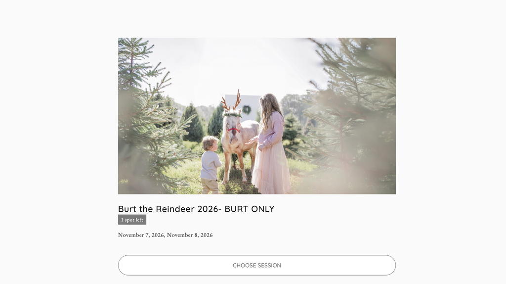 2026 Burt the Reindeer Christmas mini session booking preview featuring a mother and child with Burt among evergreen trees at 5U Photography near Birmingham, Alabama.