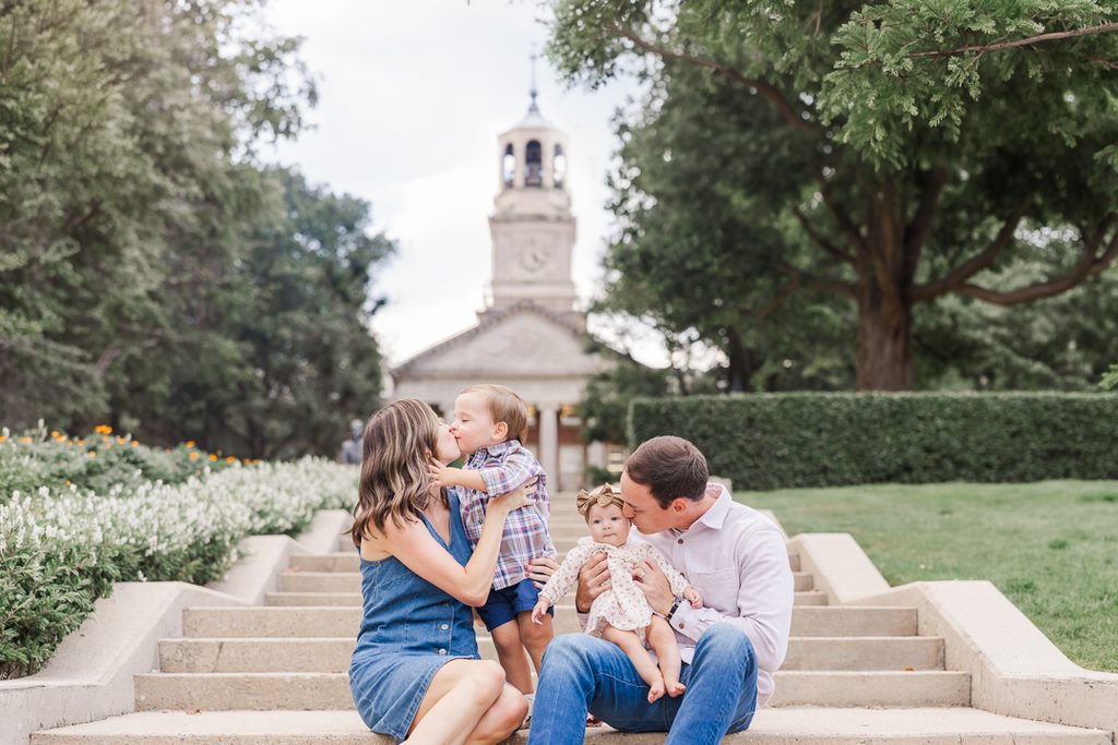 The Welch family during Harper's six-month milestone photography session at Samford University in Birmingham, Alabama.