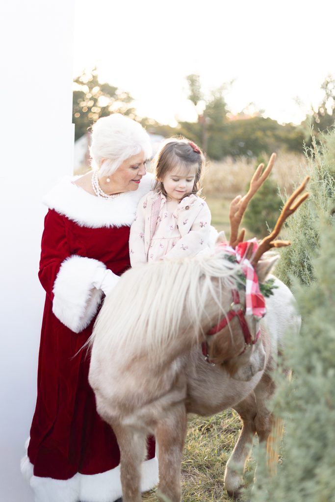 Mrs. Claus leans toward a little girl in a pink Christmas outfit at an outdoor holiday photo session.
