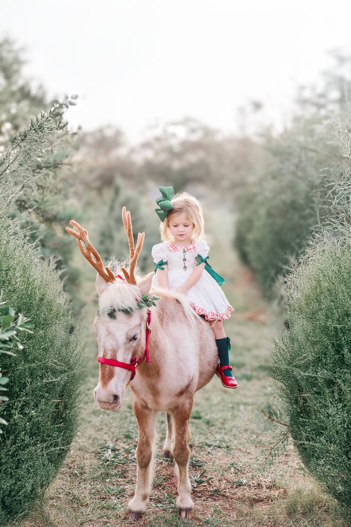 Young girl photographed with Burt the Reindeer in festive Christmas clothing.
