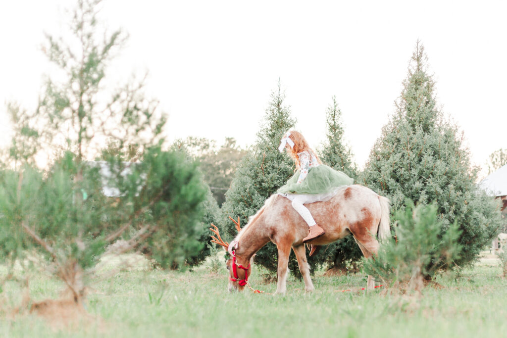 little girl with red, curly hair riding a reindeer amongst the trees at Old Baker Farm