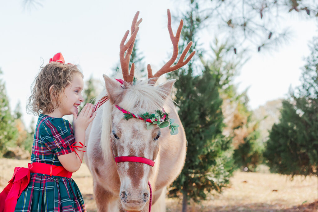 Little girl in festive plaid dress whispering in Burt the Reindeer's ear during one of the best christmas mini sessions in birmingham alabama at old baker farm