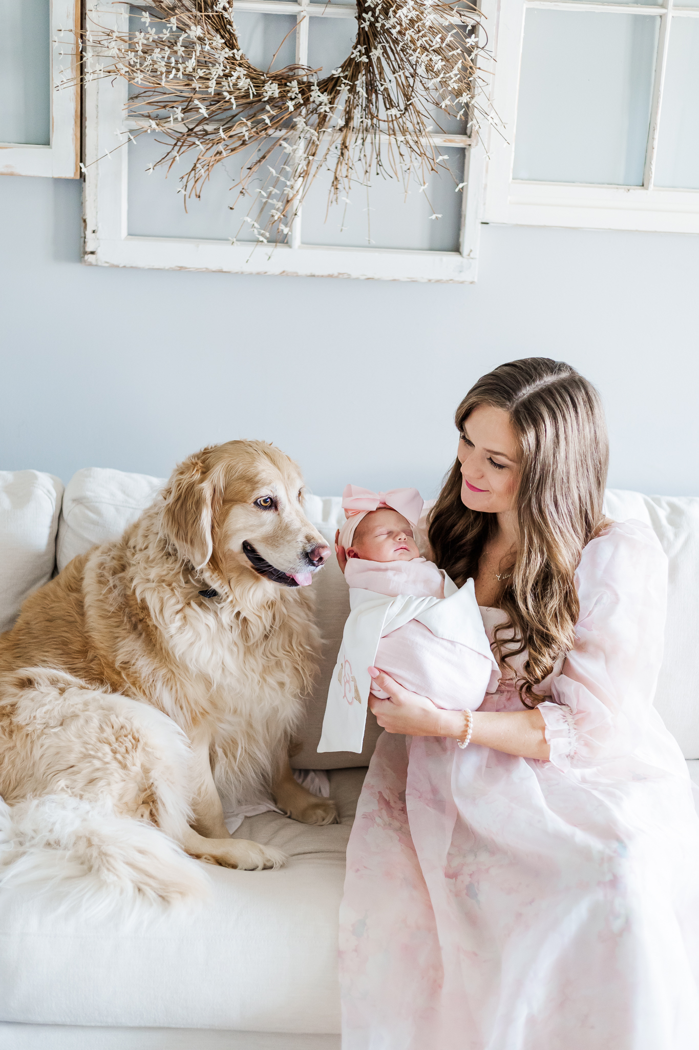 A close-up of a newborn swaddled in a pastel blanket, with one golden retriever gently resting its head next to the baby, showcasing a loving bond between the pets and the newborn