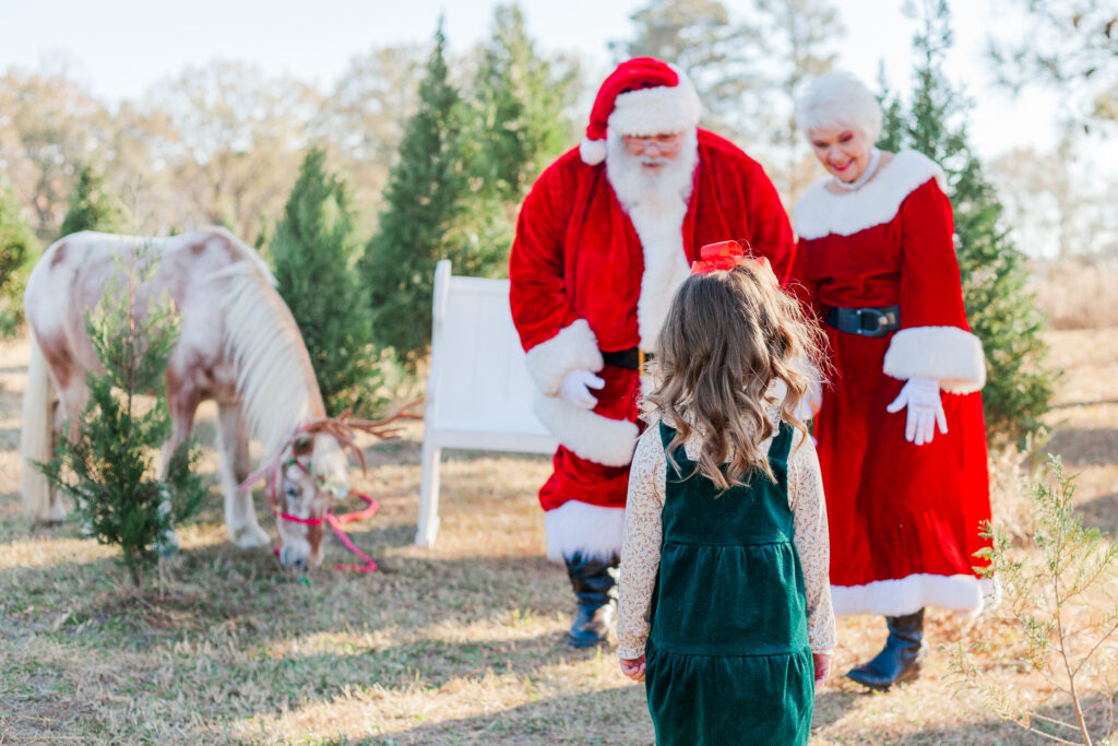 little girl in green courtoroy dress walking up to santa and mrs. c at the best christmas mini session in Birmingham alabama with Burt the reindeer 