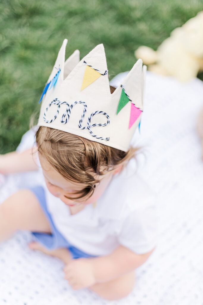 Close-up of Max's adorable 1st birthday session crown during session with 5u photography