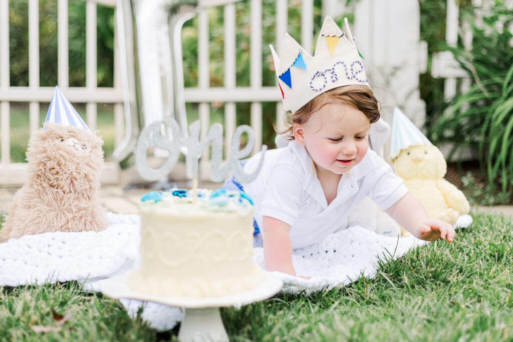 Max crawling towards smash cake during 1st birthday session with 5u photography