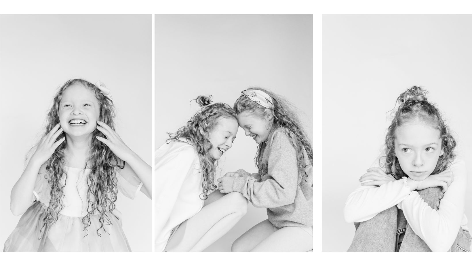 3 black and white images of 2 curly haired sisters during personality portrait party with 5U Photography in Birmingham, AL