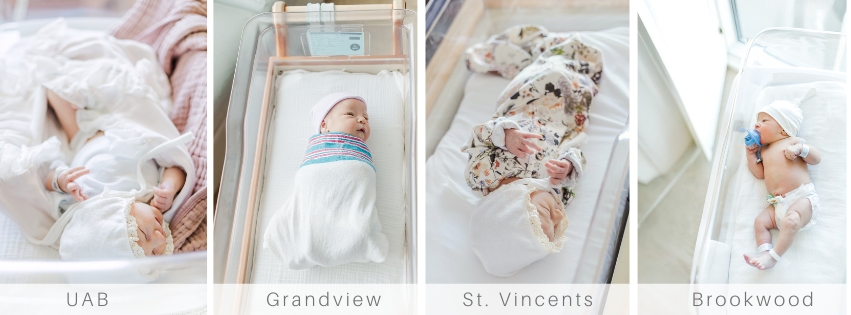 4 babies swaddled, laying in hospital cribs during Fresh 48 session with 5U Photography in the Birmingham, AL area at UAB, Grandview, St. Vincent's, and Brookwood hospital