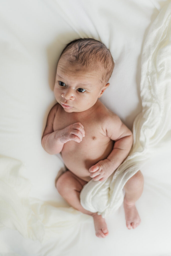 baby boy covered loosely with white blanket during 5U Photography newborn session