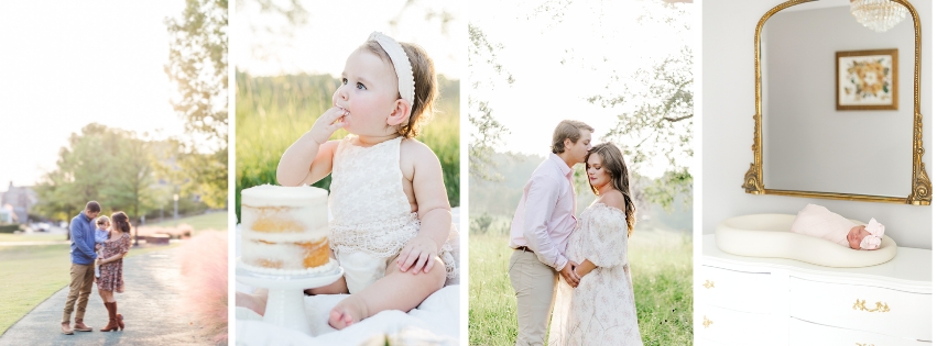 Four images together from milestone membership session with the first picture from a 6 month milestones Pictures from left to right: First picture is mom and dad holding little boy. The second is a little girl enjoying her smash cake. 3rd picture is dad kissing pregnant mom on the cheek during maternity session. 4th photo is baby girl swaddled in pink blanket laying on changing table during in-home, lifestyle newborn session