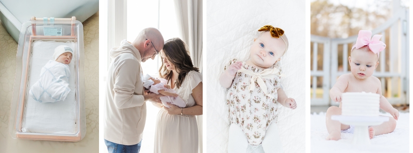 Collection of milestone membership photos taken by 5U Photography with sessions including fresh-48, newborn, 6 and 12 month milestones