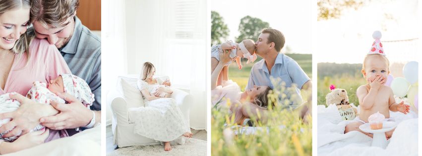 Collage of photos from completed milestone membership including session from hospital to happy birthday (fresh 48, newborn, 6 month, and 12 month milestones)
