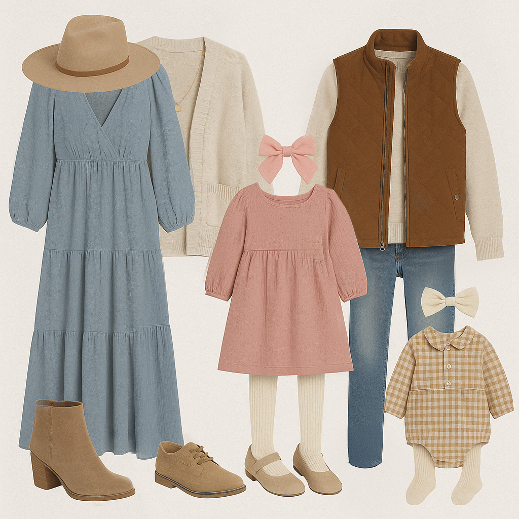 Coordinated family outfits showcasing the Styling Tips for Fall Family Photos in blush pink and dusty blue tones with bows for girls and layered jewelry for mom.
