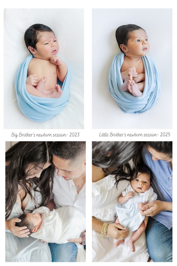 Side-by-side comparison of big brother’s newborn session in 2023 and little brother’s newborn session in 2025, both swaddled in light blue wraps with parents lovingly holding them during an in-home newborn photography session in Trussville, Alabama.