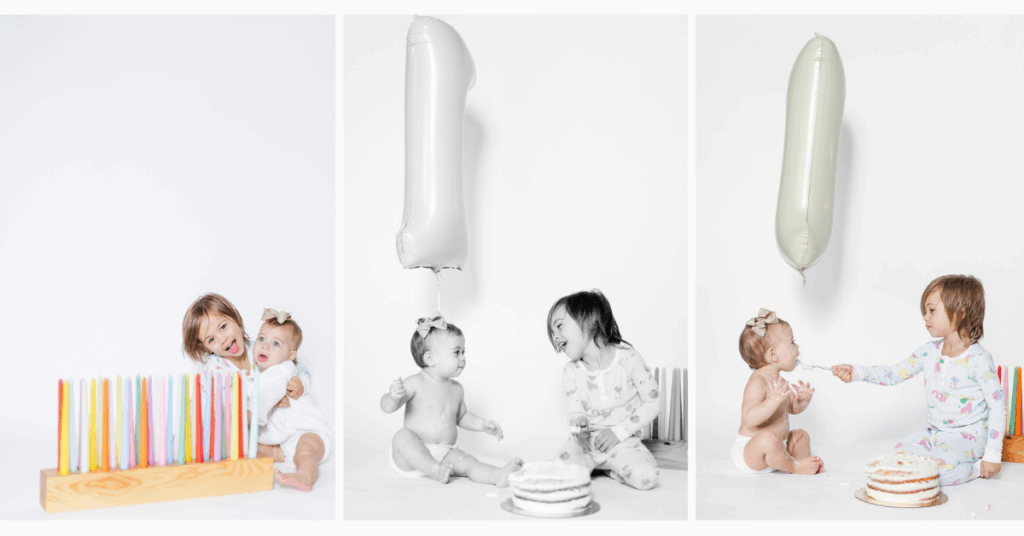 Sibling-focused collage from Wren’s one year milestone session, showing big brother Ivan helping with cake smash fun, supporting first steps, and sharing a tender hug on a minimalist white backdrop.