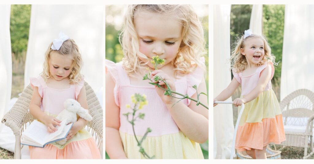 Heirloom Easter mini collage featuring a young girl in a pastel dress reading on a wicker chair, smelling spring wildflowers, and smiling during a soft outdoor photo session.