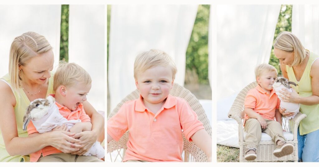 Heirloom Easter mini collage showing a mother and young child cuddling a baby bunny, a toddler seated on a wicker chair in soft light, and a sweet moment between parent and child during a spring photo session.