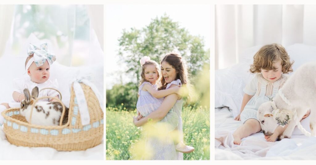 Three-image collage showing a baby seated with a bunny in a basket, a mother holding her child outdoors in blooming wildflowers, and a toddler interacting with a lamb on soft white linens.