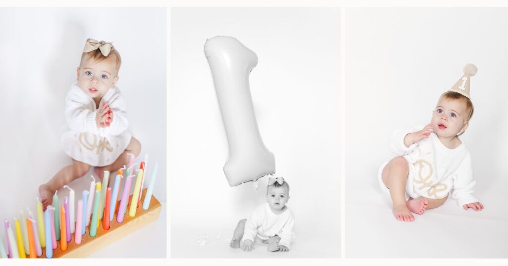 One year milestone collage showing baby girl portraits with simple birthday details on a clean white backdrop.