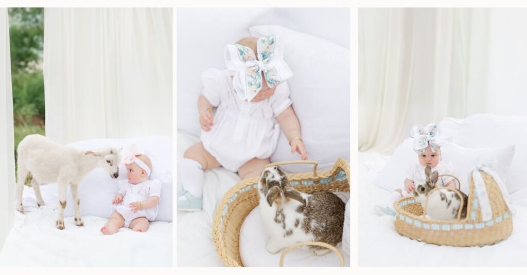 Heirloom Easter mini session featuring a baby with lambs and bunnies on a soft white linen setup during a spring photography session in Alabama.